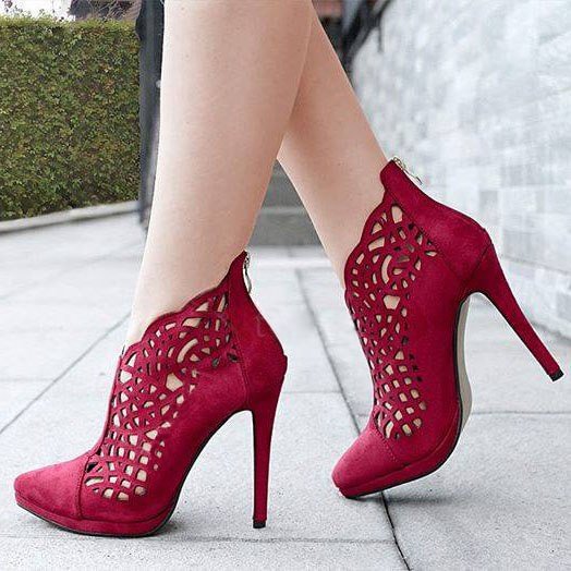 Burgundy Heels Laser Cut Suede Stiletto Heel Platform Ankle Booties |FSJ Shoes