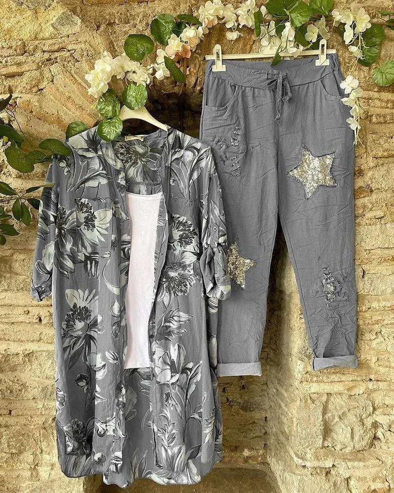 Floral Print Open Front Casual Two-piece Suits Cotton Linen Set for Women