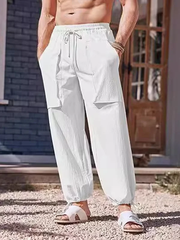 Men's Casual Slant Pocket Elastic Waist Drawstring Cotton Linen Loose Pants