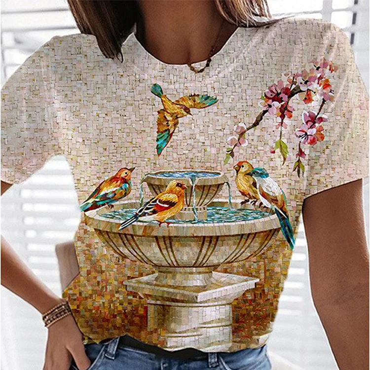 Flower And Bird Print Oil Painting Round Neck Short Sleeve T-Shirt