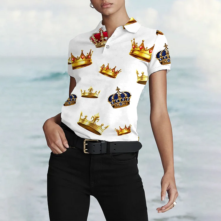 Vefave Stand Collar Crown Print POLO Shirt