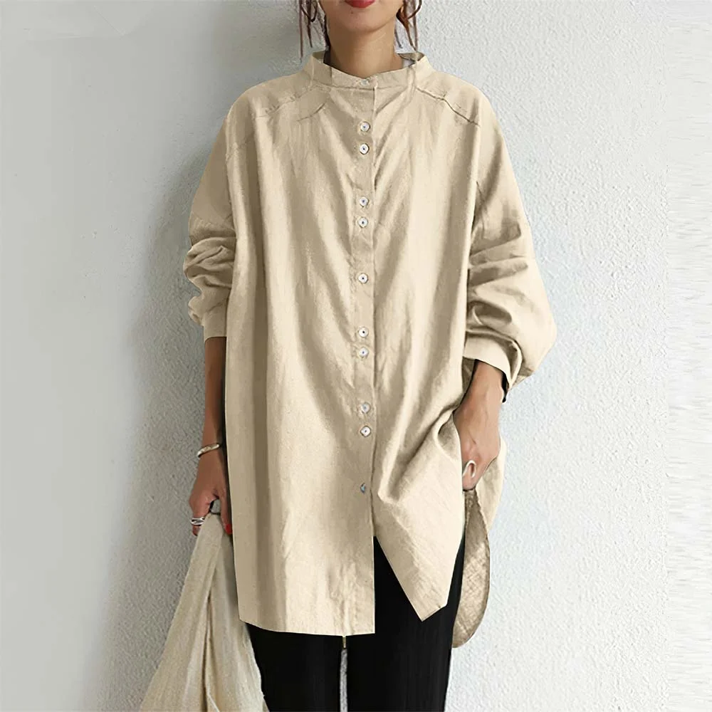 Smiledeer Women's casual single-breasted cotton and linen long-sleeved shirt