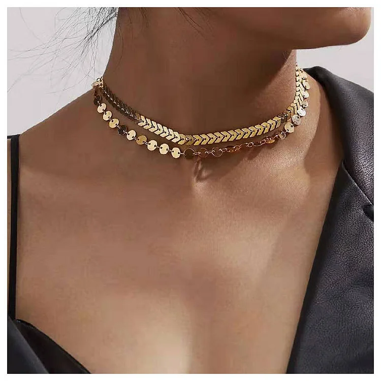 Geometric Sequin Double Layer Fishbone Choker-Gold