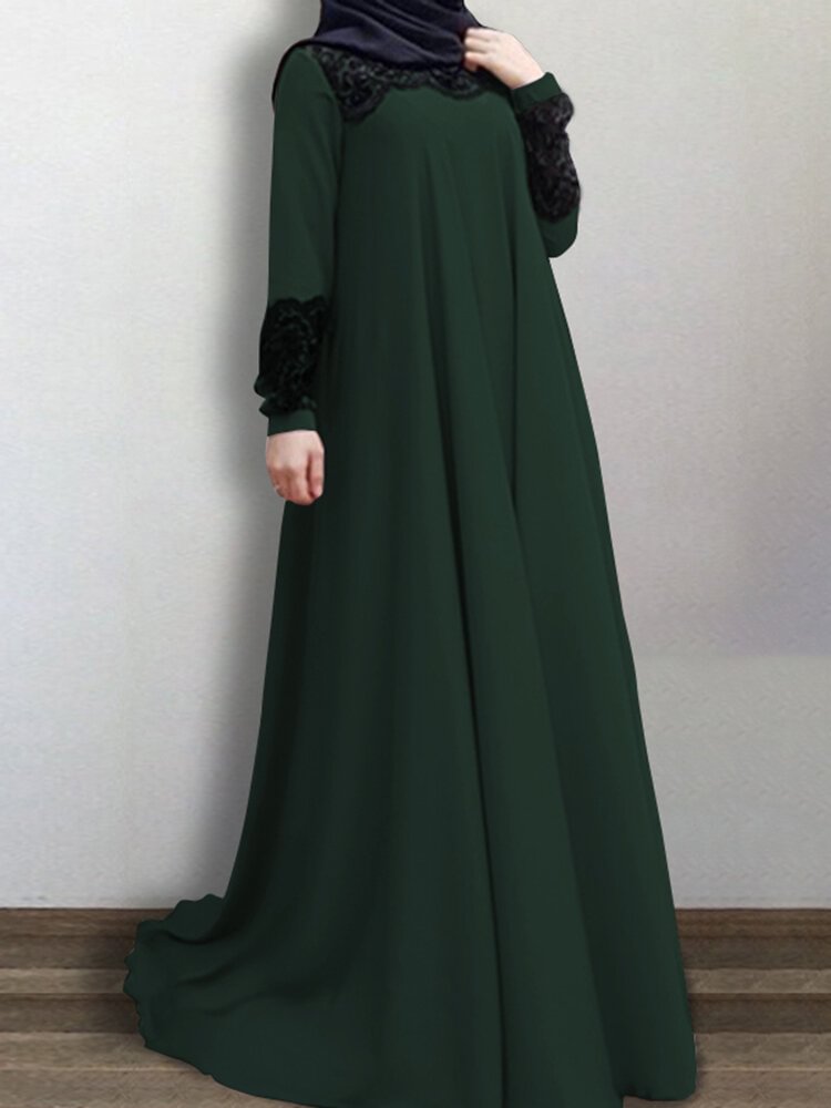 Solid Color Lace Patchwork Big swing Muslim Dress for Women