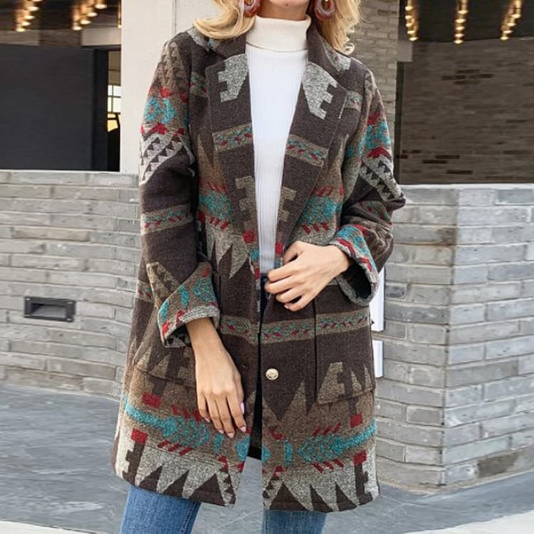 Tribal Geometric Print Lapel Slip Pockets Coat