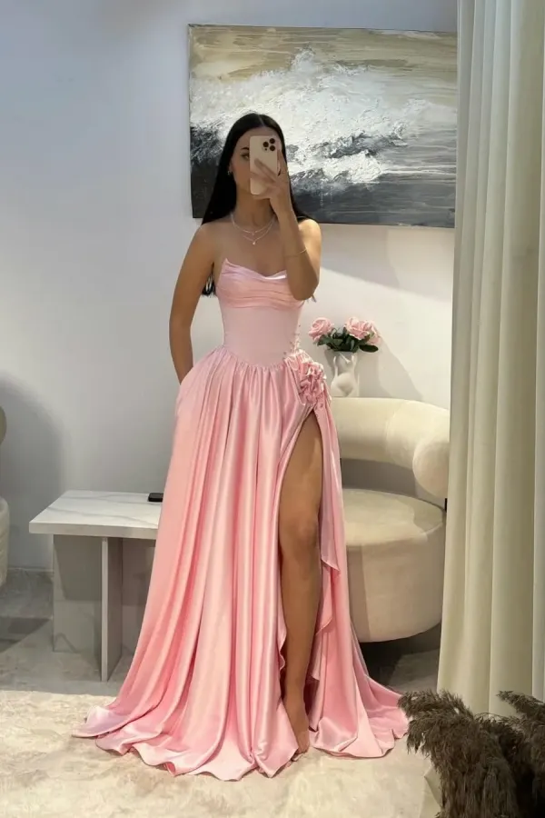 Lussooy Elegant Pink Satin Sleeveless Beaded Strapless Pleated Split Prom Dress