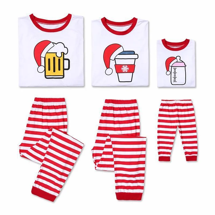 Christmas Beer Coffee Milk Top and Stripe Pants Family Matching Pajamas Sets