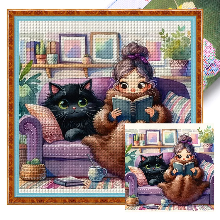 Girl Reading Book And Cat (50*50cm) 11CT Stamped Cross Stitch gbfke