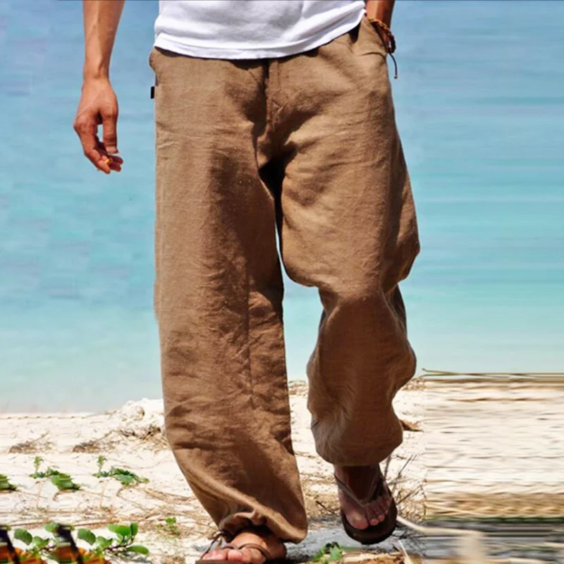 Men's Linen Elastic Waist Breathable Elastic Foot Casual Pants、、URBENIE