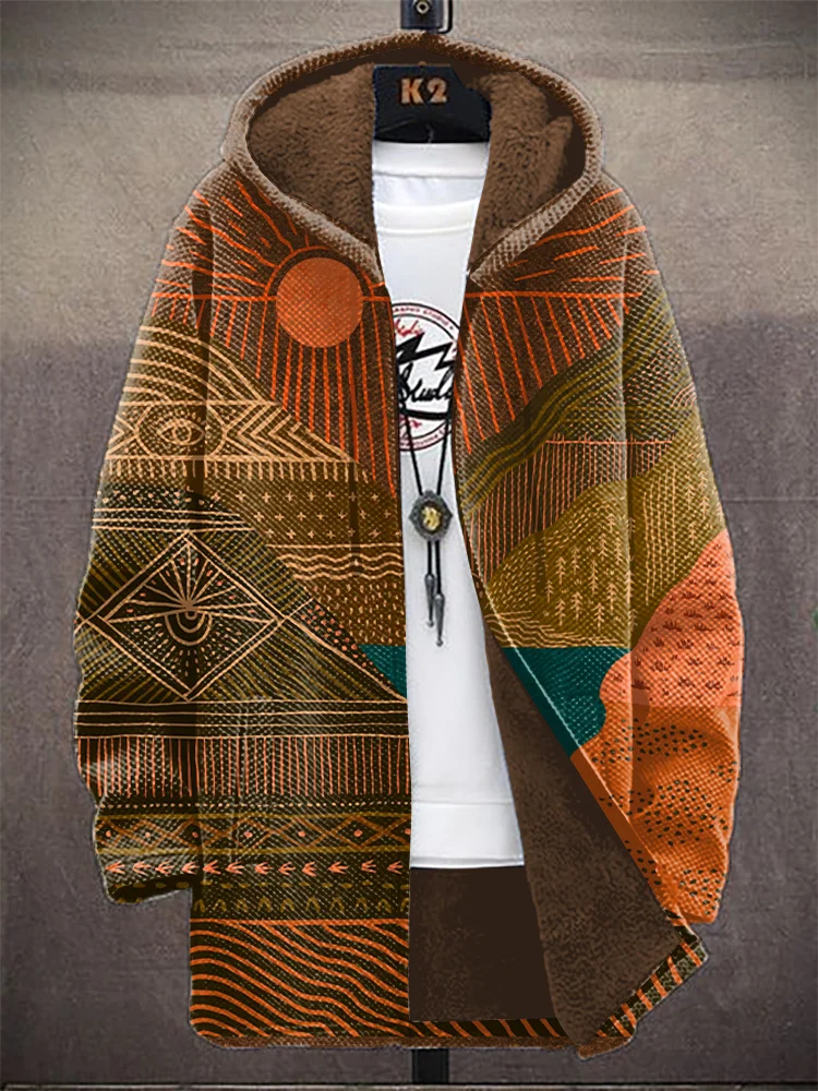 Men's West African Ethnic Pattern Art Print Fleece Lined Hooded Trench Coat