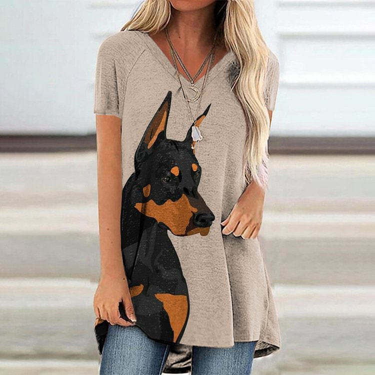 Casual V Neck Doberman Print Short Sleeve Tunic
