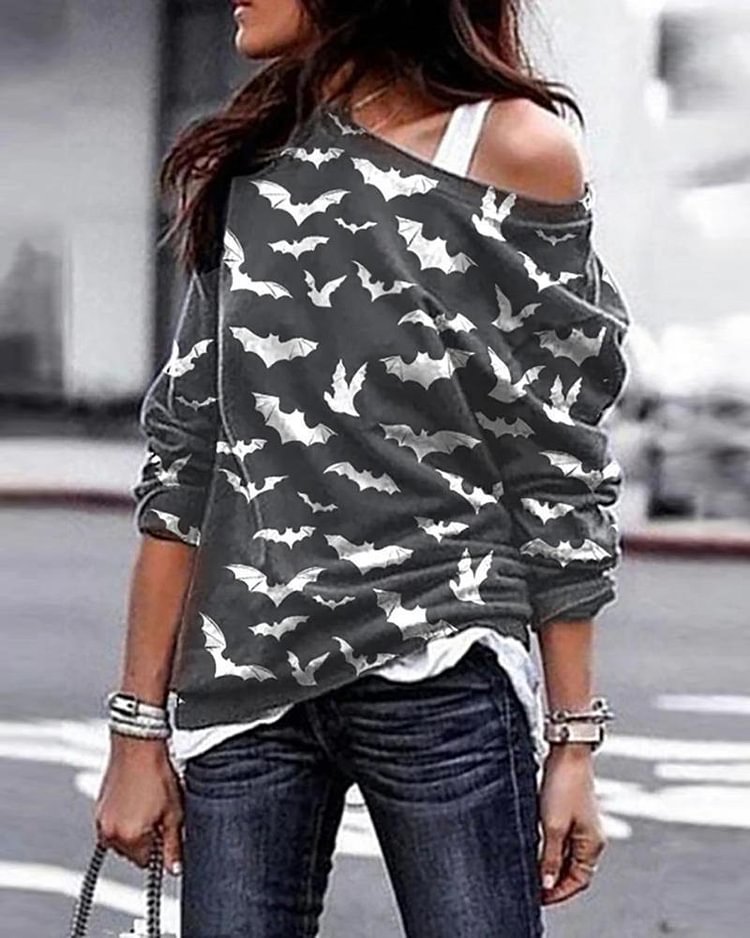 One Shoulder Halloween Bat Print Cozy Sweatshirt P13730