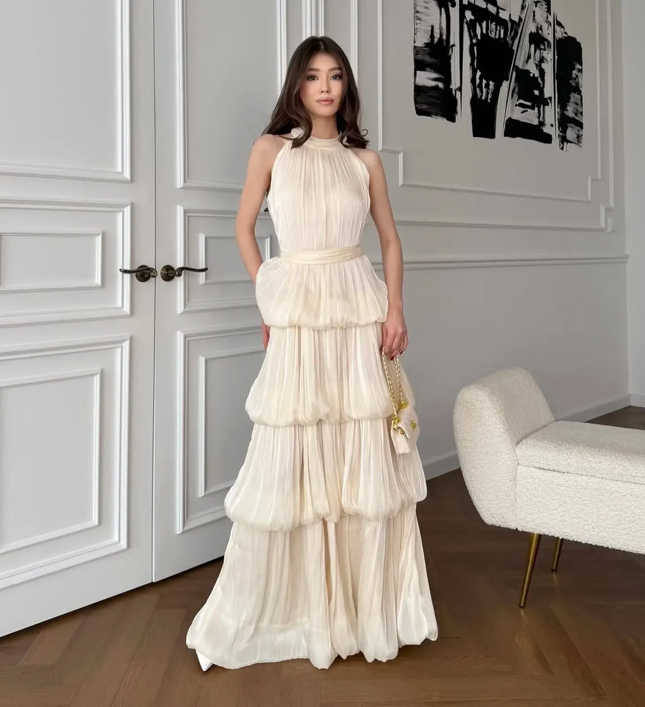 Lussooy Glamorous High Neck Sleeveless Floor Length Pleated Prom Dress