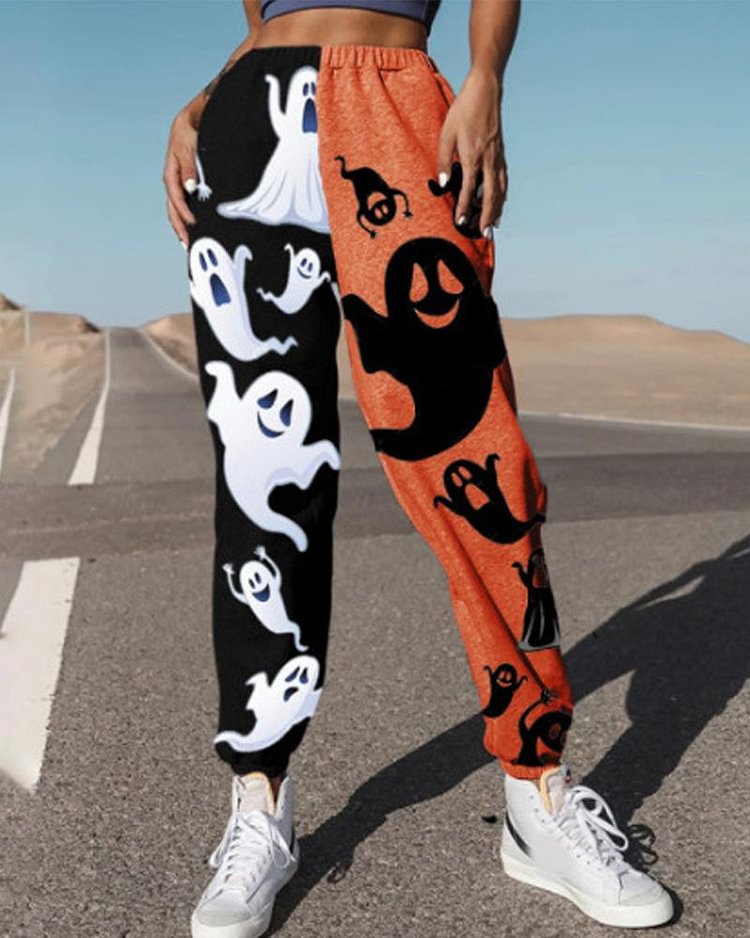 Colorblock & Halloween Graphic Print Pocket Decor Joggers For Women - Shop Trendy Women's Clothing | LoverChic