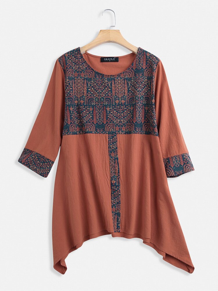 Ethnic Print Patchwork Long Sleeve Vintage Blouse For Women P1627415