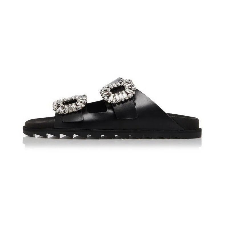 VCSHOES Crystal Decorate Shoes Black Non-slip Casual Slipper Outdoor Genuine Leather Platform Shoes Women