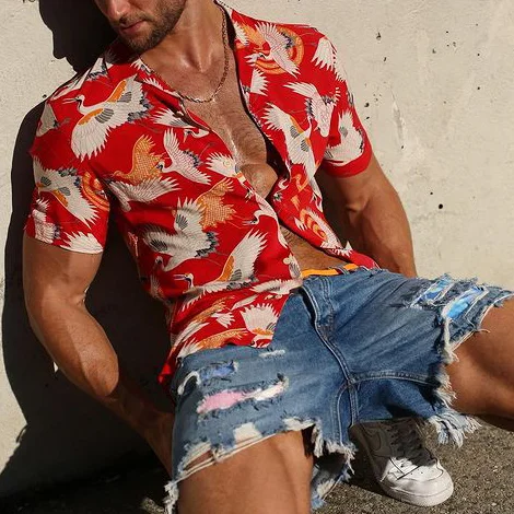 Crane Print Short-sleeved Shirt