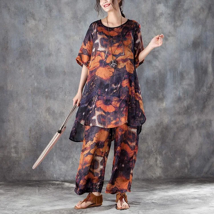 vintage silk dresses plus size clothing Red Two Pieces Set Printed Irregular Top Wide Leg Pants