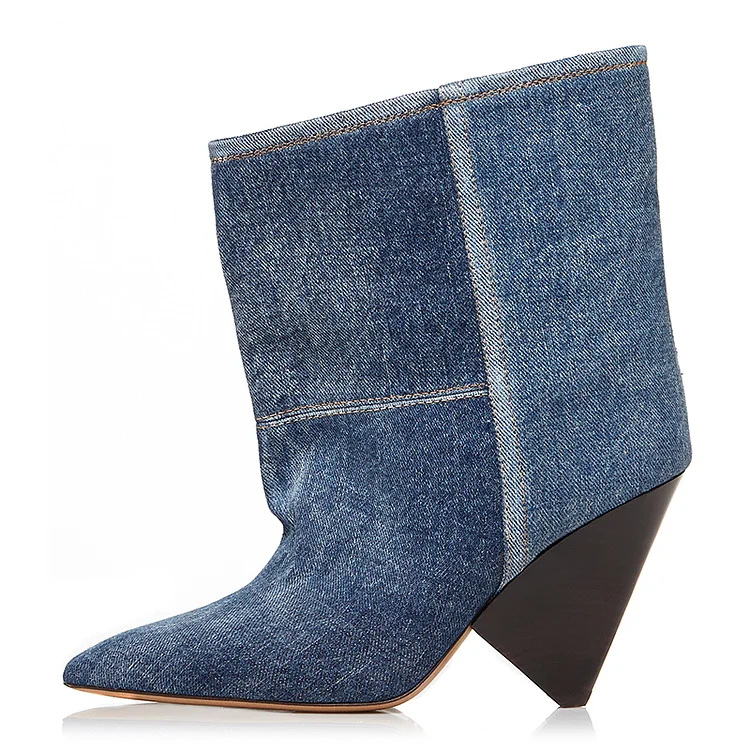 Blue Denim Patchwork Pointed Toe Cone Heel Ankle Boots |FSJ Shoes