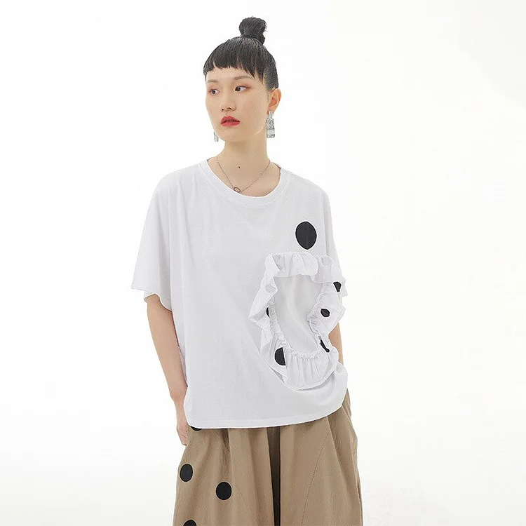 Fashion White Dot Printed Splicing Ruffle Half Sleeve T-shirt