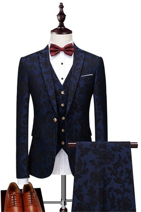 Dresseswow  Fashion  Men's Wear With Three Pieces  Jacquard  Navy Blue Groomsmen Outfits