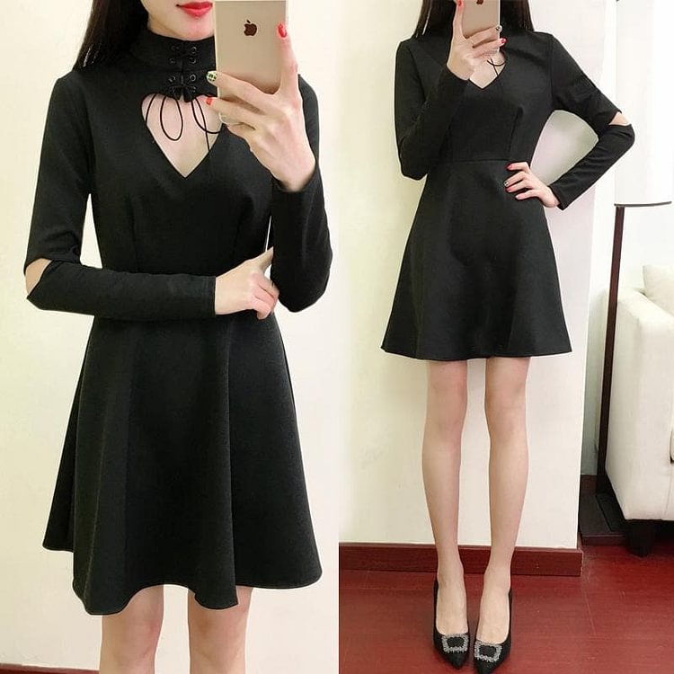 Black Gothic Punk Heart Hollow Long Sleeves Dress SP1811759