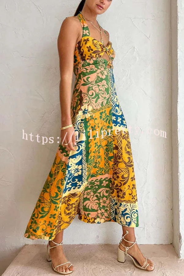 Colorful Dating Linen Blend Printed Cutout Back Smocked Halter Midi Dress