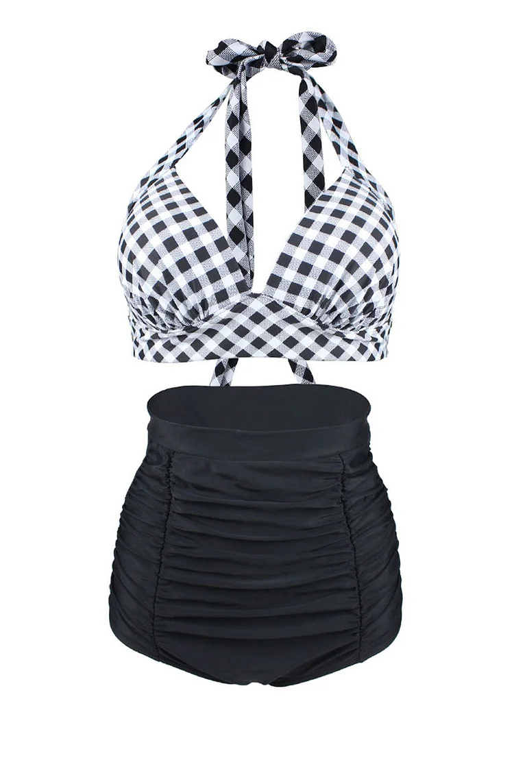 1950s Black Plaid Vacation Plaid Halter Lace Up Ruched Bra Two Pieces Swimsuit Set