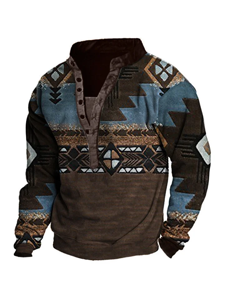 Men's Ethnic Print Henley Collar Sweatshirt-JRSEE