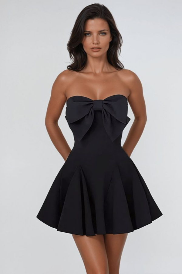 Miabel Simple Black Satin Sleeveless Sweetheart Short Homecoming Dress with  Bow