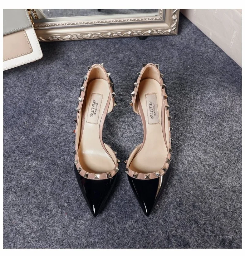 Canrulo Summer New Lacquer Leather Rivet Pointed High Heels Fashion Side Hollow Shallow Mouth Women's Thin Pumps Single Shoes 35-41