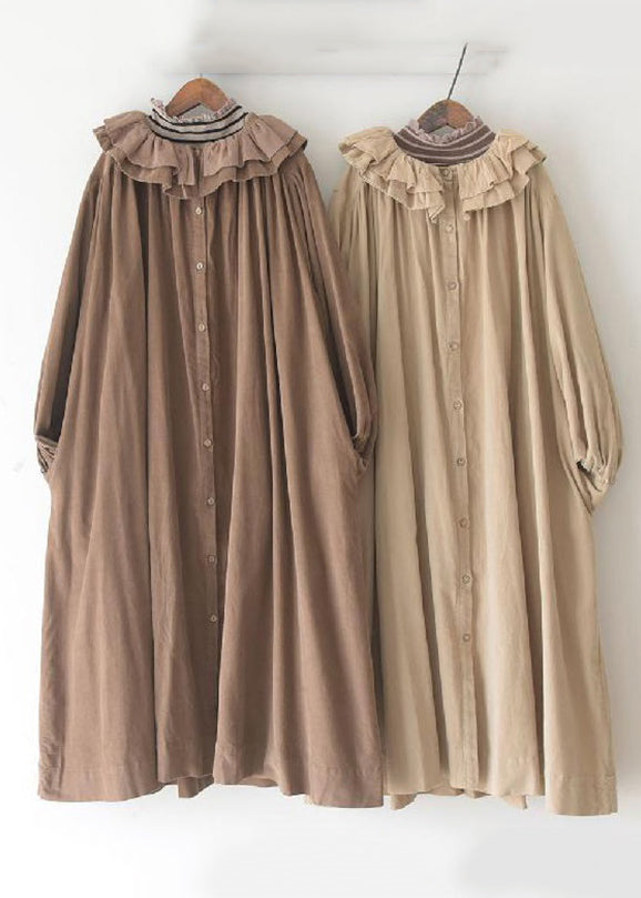 Plus Size Khaki Ruffled Button Corduroy Long Dresses Spring plus-size-khaki-ruffled-button-corduroy-long-dresses-spring