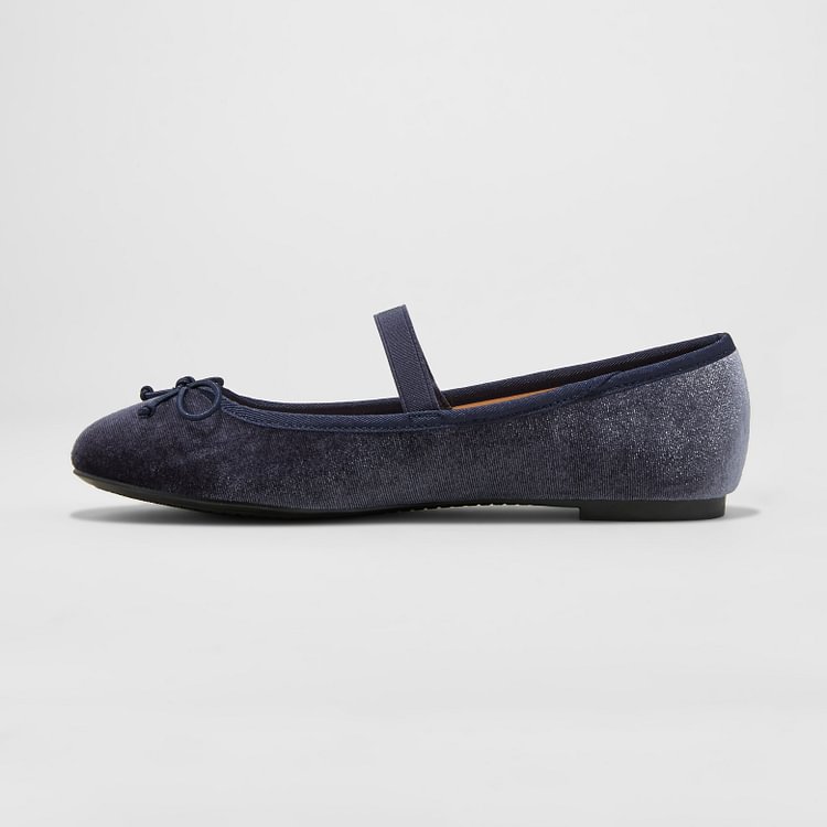 Navy Velvet Mary Jane Shoes Round Toe Flats Elastic Ballet Shoes |FSJ Shoes