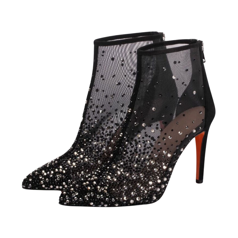 Sparkly Mesh Patchwork Pointed Toe Zipper Black Rhinestone Boots