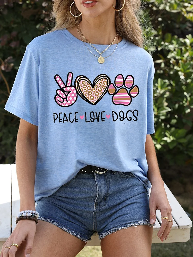Bestdealfriday Peaces Love Dogs Short Sleeve Crew Neck Casual Woman Tee