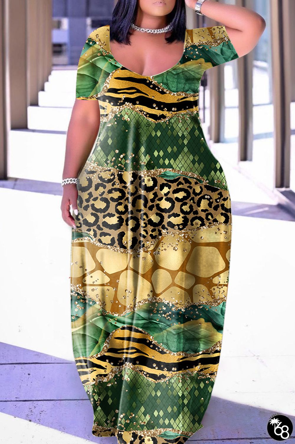 Ink Green Casual Print Basic V Neck Short Sleeve Dress Dresses | 168DEAL