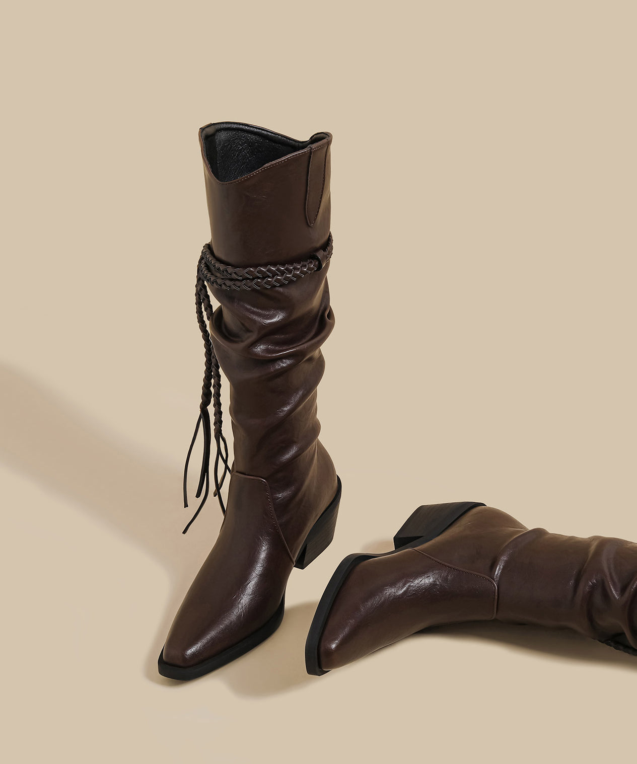 Women Wrinkled Tassel Splicing Chunky Boots Brown Faux Leather