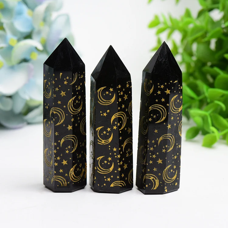 3.0"-3.5" Black Obsidian Crystal Point with Golden Moon Star Printing
