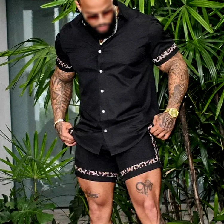 BrosWear Men'S Solid Color Leopard Panel Print Shirt And Shorts Co-Ord