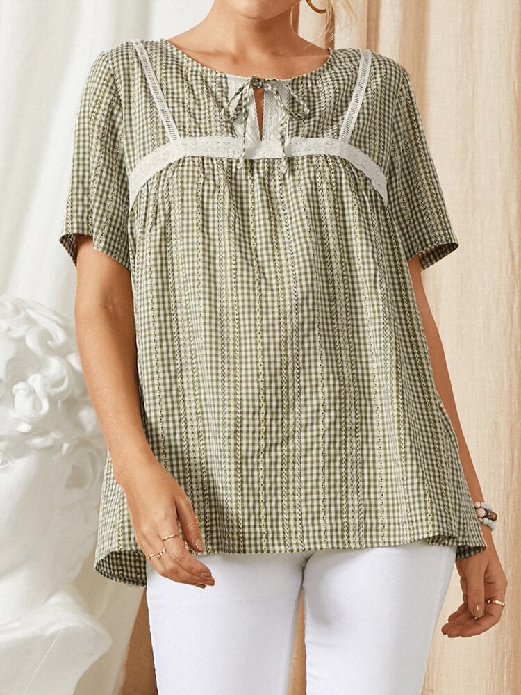 Plaid Print Knotted O neck Short Sleeve Casual T Shirt For Women P1826005