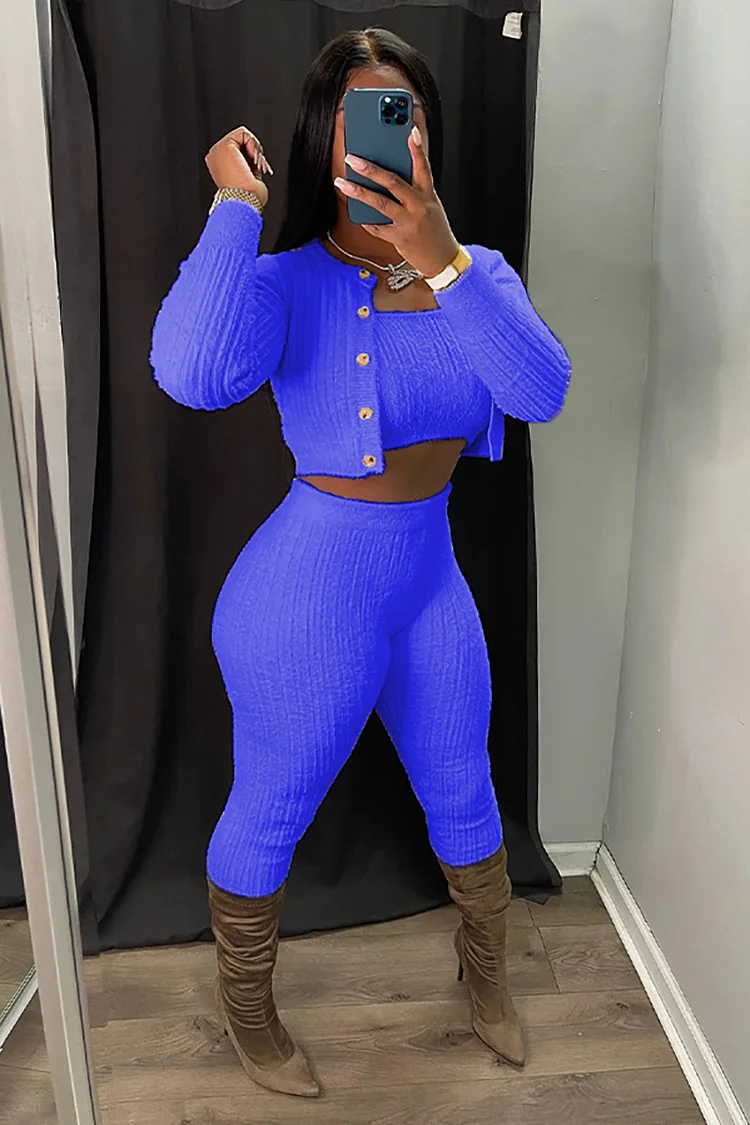 Knit Plain Strapless Crop Top Long Sleeve Button Crop Cardigan Leggings Pants Three-Piece Set