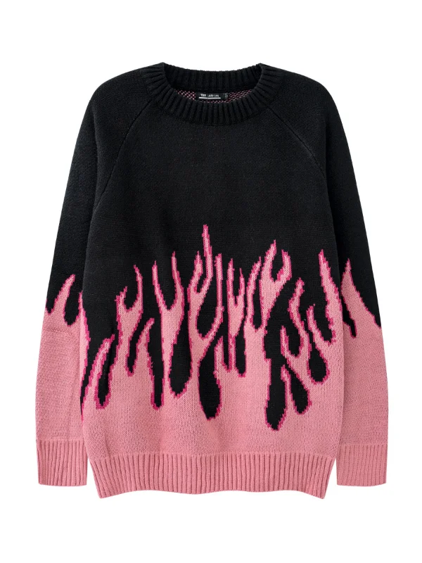 Vintage Flame Jacquard Loose Crew Neck Knitted Sweater