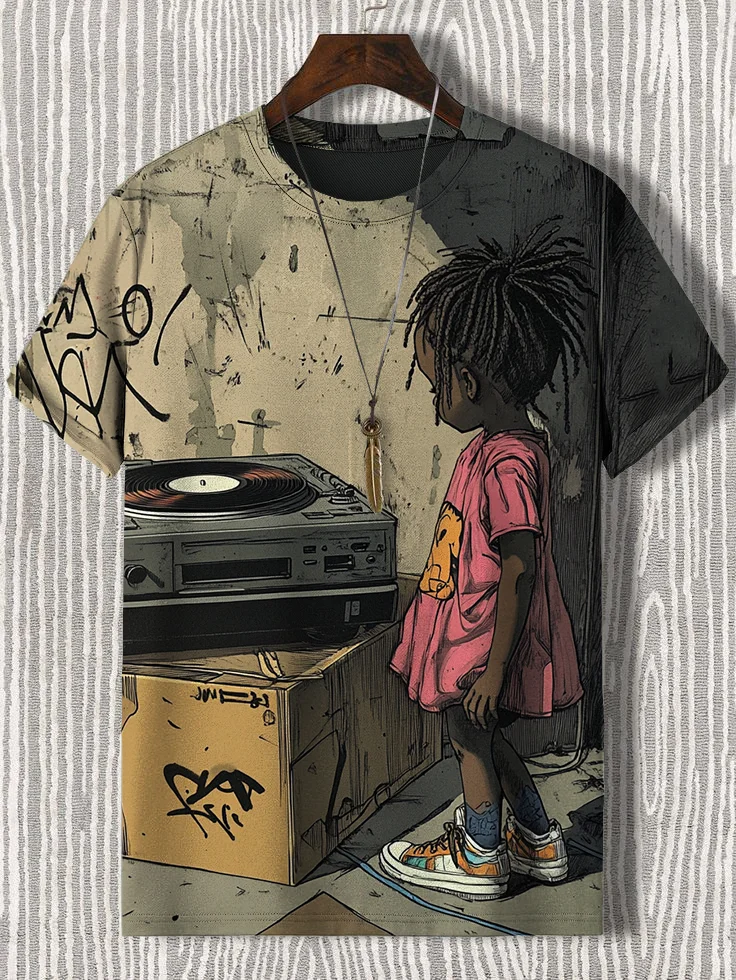 Men's Retro Black Girl Record Street Art Print Casual T-Shirt