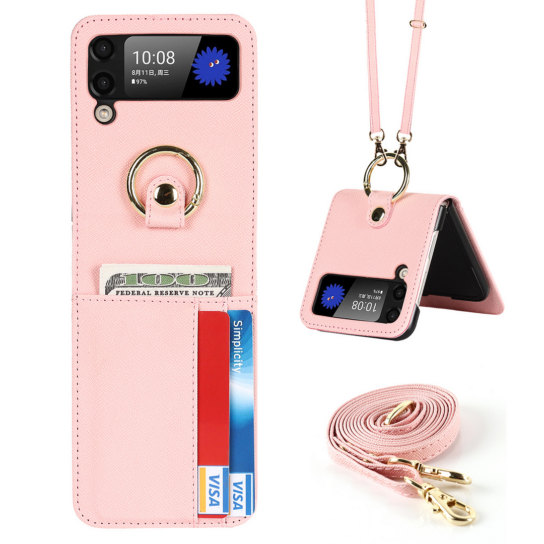 Luxury Crossbody Leather Phone Case With Cards Slot,Hangable Ring Kickstand,Lanyard And Hinge for Galaxy Z Flip3/Flip4