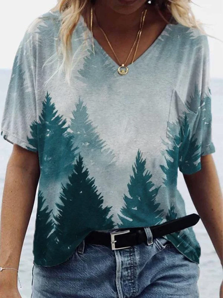 Foggy Forest Print V Neck T Shirt