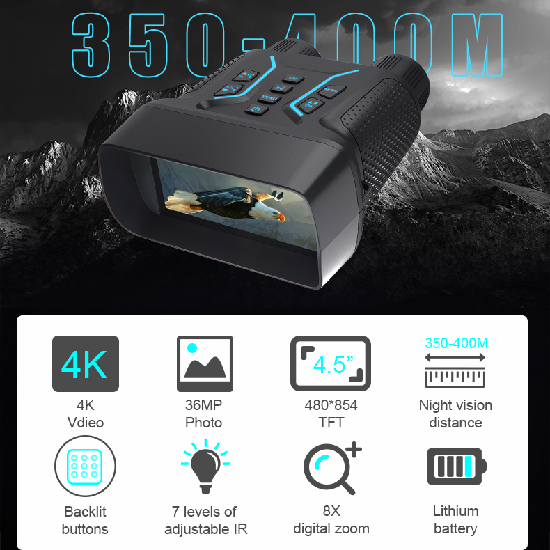 BekinTek Full Color 4K Night Vision Binoculars Rechargeable Digital Telescope Infrared Night View NVG Goggles 400m Full Dark Observing Starlight Sensor 7x IR 8x Zoom 4.5 Inches Large HD Screen 4K Video 36M Photo 4 Color Effect Support 360P ENV 2