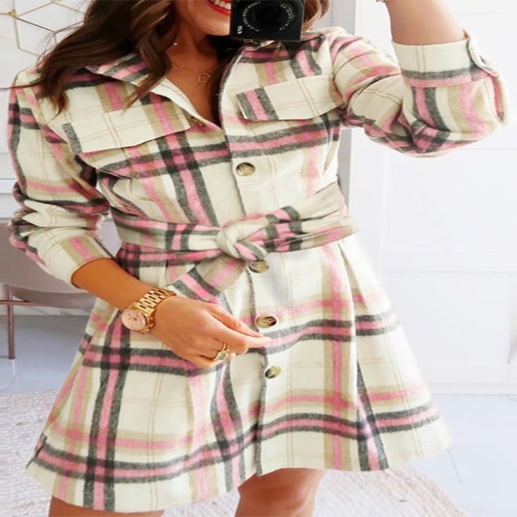 Plaid Button Pocket Design Shirt Dress P13909