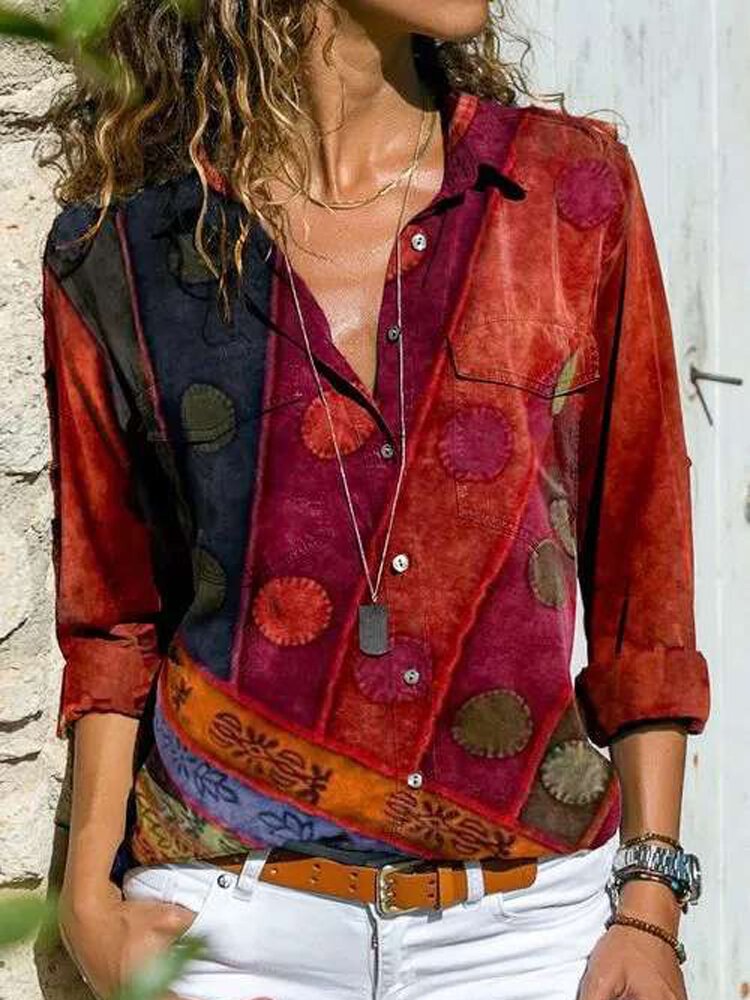 Vintage Print Long Sleeve Lapel Collar Blouse P1760252
