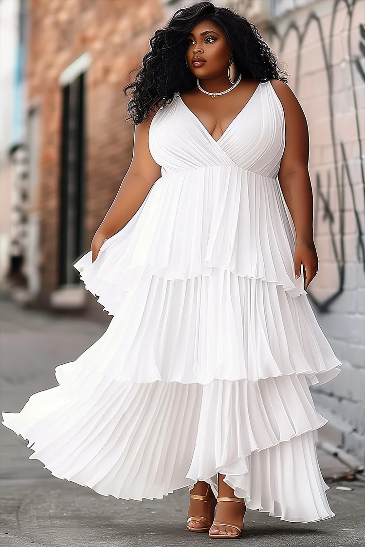 Xpluswear Design Plus Size Wedding White V Neck Pleated Tiered Maxi Dresses [Pre-Order]