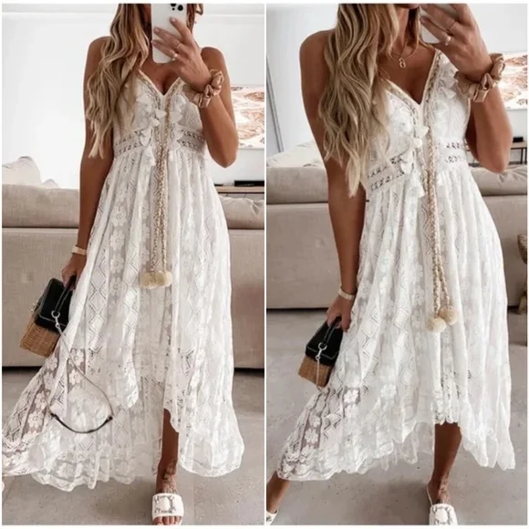 Women's Boho Embroidered Floral Tassel Lace Cami Maxi Dress